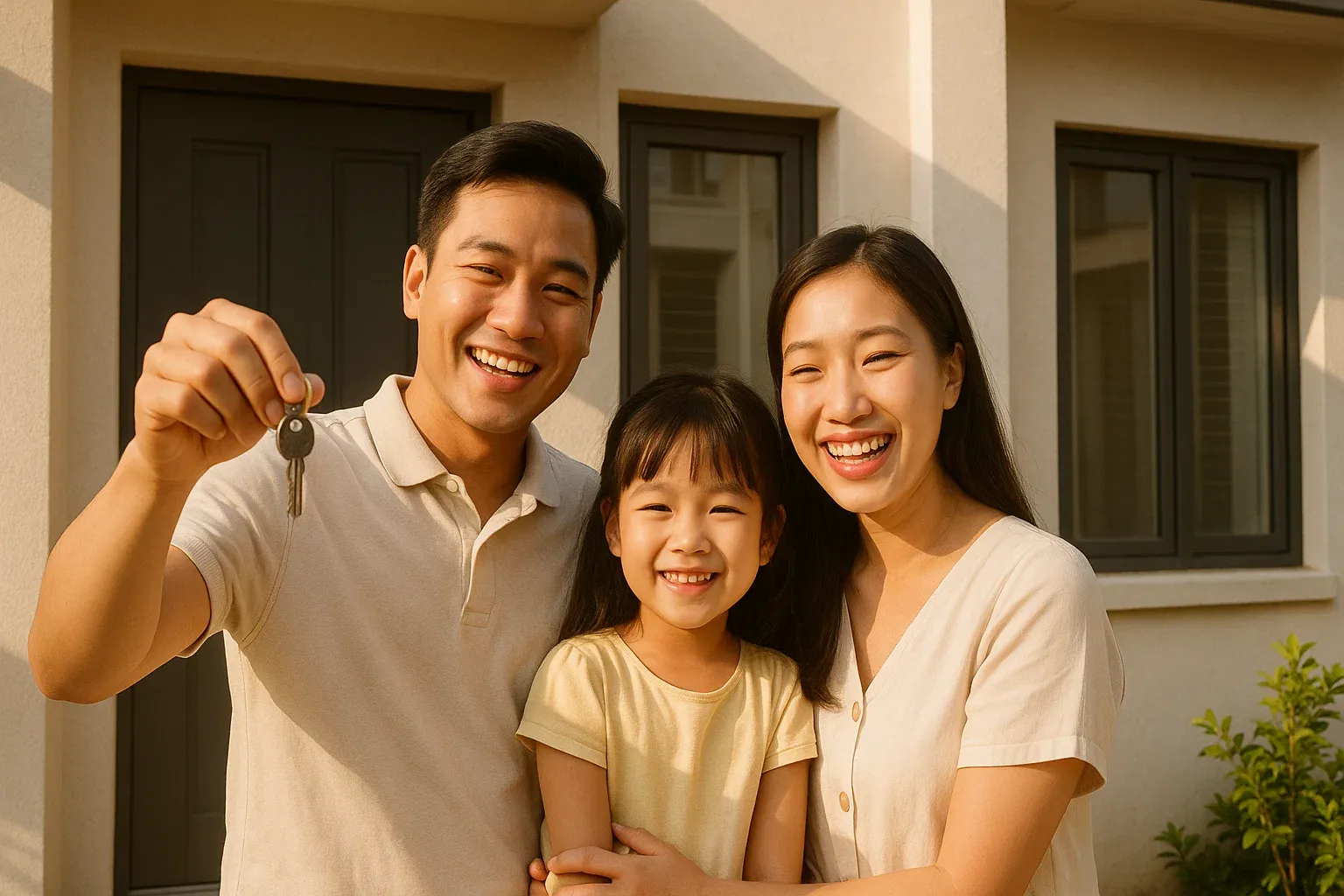 alt="Gia đình trẻ Việt Nam gồm bố mẹ và con nhỏ tươi cười hạnh phúc trước ngôi nhà giá thấp mới mua."
